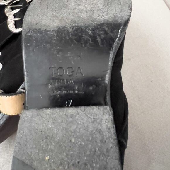 Toga Pulla Boots Womens 37 7 Buckle Belted Cowboy Ankle Black Suede Boho Western - Picture 11 of 11